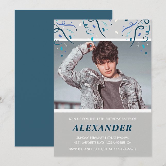 17th birthday invitations boy Confetti Photo Blue (Front/Back)