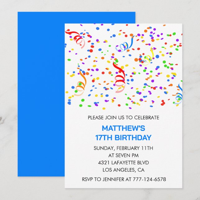 17th birthday invitations Confetti Rainbow Boy (Front/Back)
