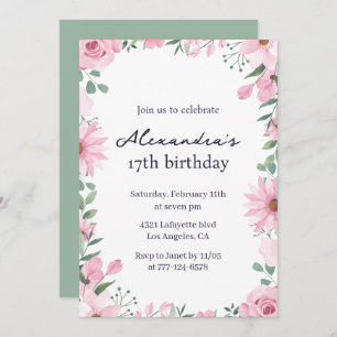 17th birthday invitations Floral Frame Pink Green