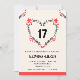 17th birthday invitations for her floral heart