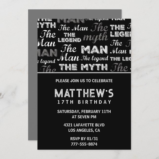 17th birthday invitations for him Men Myth Legend (Front/Back)