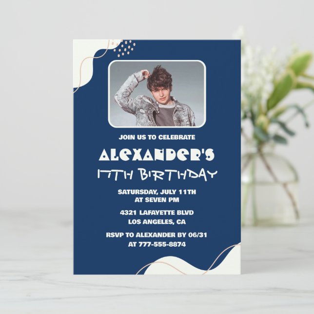 17th birthday invitations Men Photo Simple Navy  (Standing Front)