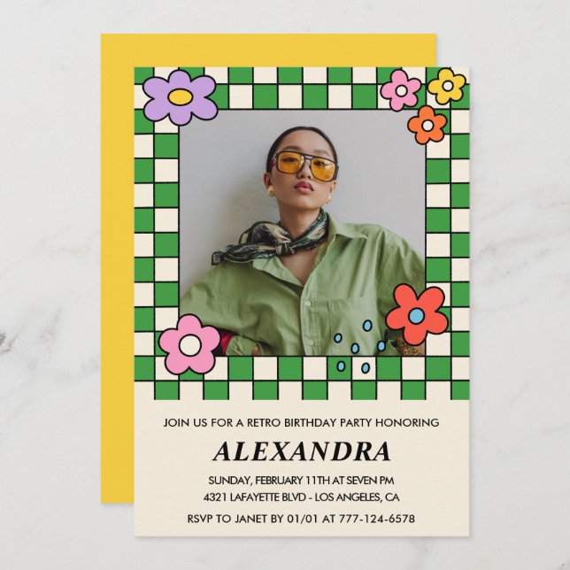 17th birthday invitations Retro Groovy Flowers (Front/Back)