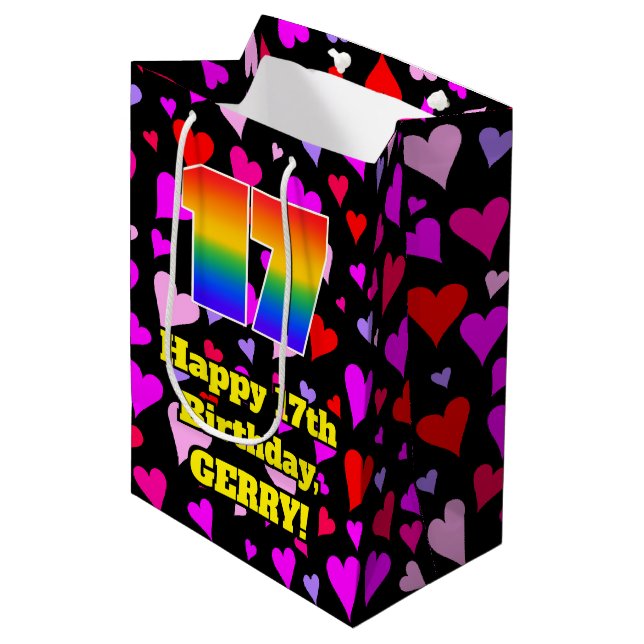 17th Birthday: Loving Hearts Pattern, Rainbow # 17 Medium Gift Bag (Front Angled)