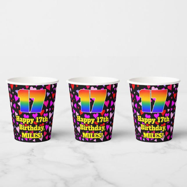 17th Birthday: Loving Hearts Pattern, Rainbow 17 Paper Cups (Multi)