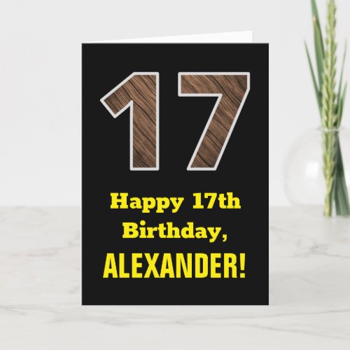 17th Birthday Name Faux Wood Grain Pattern 17 Card