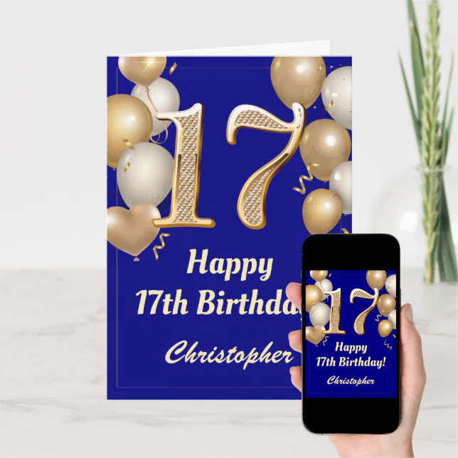 17th Birthday Navy Blue and Gold Balloons Confetti Card | Zazzle