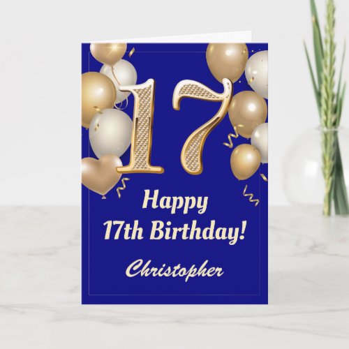 17th Birthday Navy Blue and Gold Balloons Confetti Card