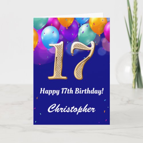 17th Birthday Navy Blue and Gold Colorful Balloons Card