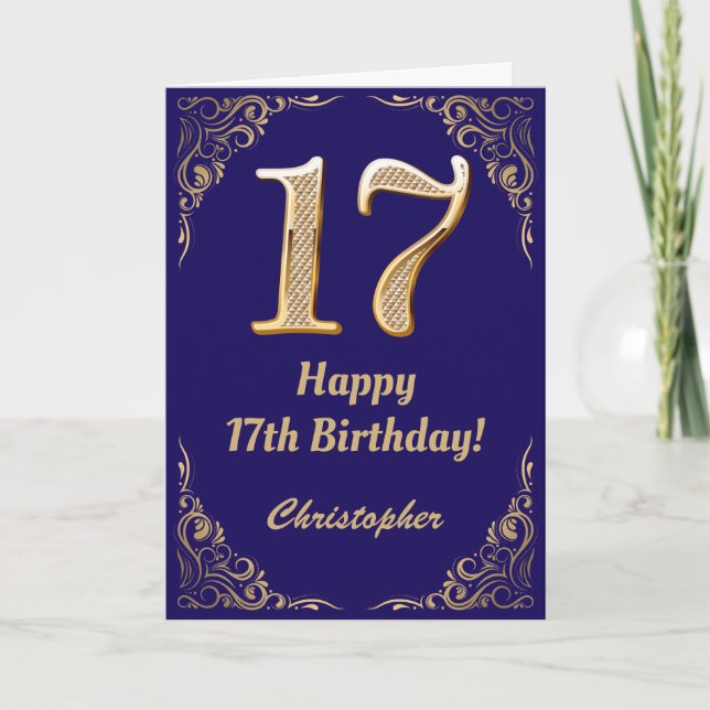 17th Birthday Navy Blue and Gold Glitter Frame Card (Front)