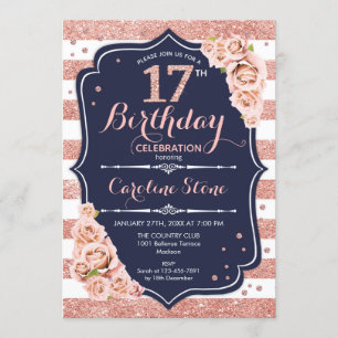17th Birthday - Navy Rose Gold and White Stripes Invitation