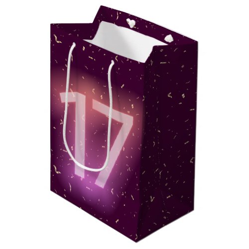 17th Birthday Neon Sign with Gold Confetti Medium Gift Bag