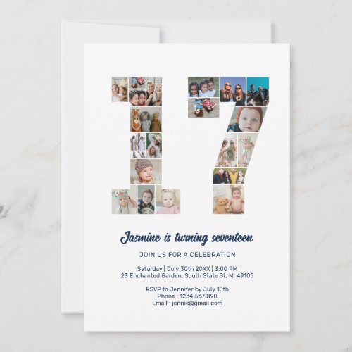 17th Birthday Number 17 Custom Photo Collage Invitation