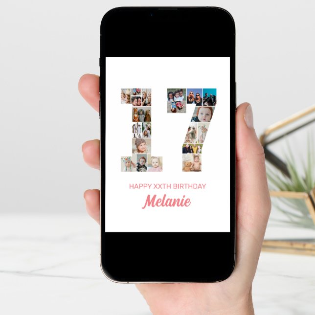 17th Birthday Number 17 Photo Collage Personalized Card (Front Digital)
