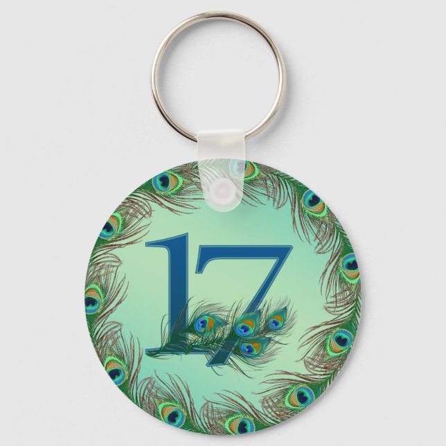 17th birthday or anniversary peacock numbers keychain (Front)