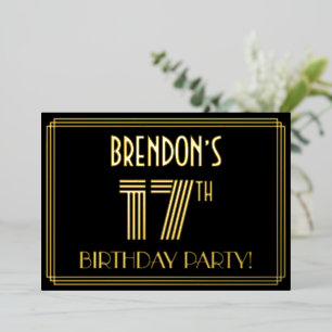 17th Birthday Party — Art Deco Style “17” + Name Foil Invitation