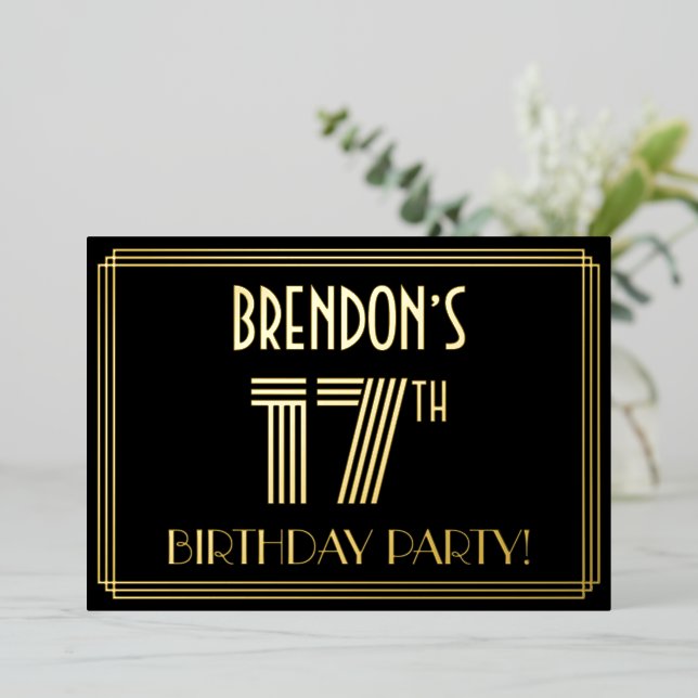 17th Birthday Party — Art Deco Style “17” + Name Foil Invitation (Standing Front)