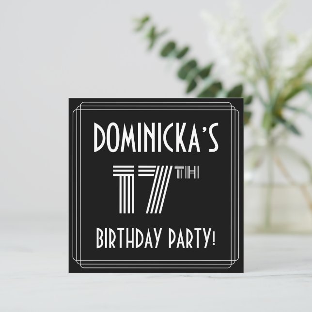 17th Birthday Party: Art Deco Style w/ Custom Name Invitation (Standing Front)