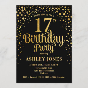 17th Birthday Party - Black & Gold Invitation
