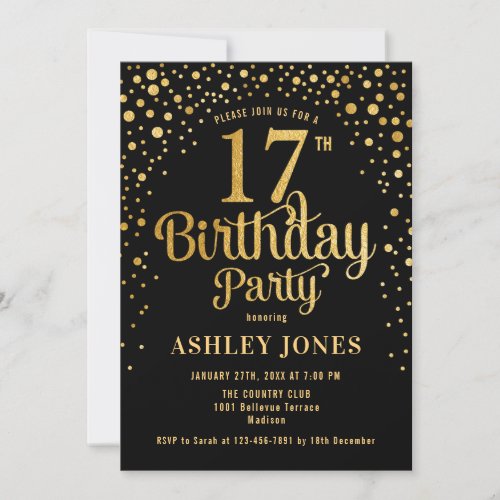 17th Birthday Party _ Black  Gold Invitation