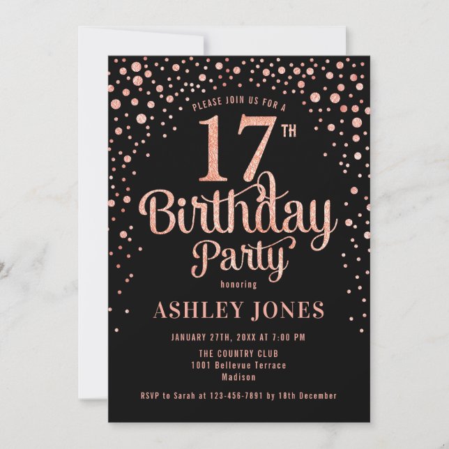 17th Birthday Party - Black & Rose Gold Invitation (Front)