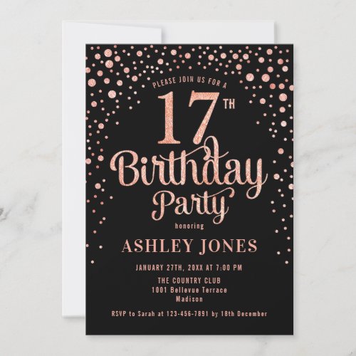 17th Birthday Party _ Black  Rose Gold Invitation