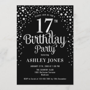 17th Birthday Party - Black & Silver Invitation