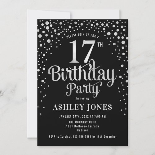 17th Birthday Party _ Black  Silver Invitation