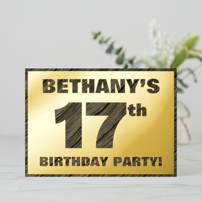 17th Birthday Party — Bold, Faux Wood Grain Text Foil Invitation (Standing Front)