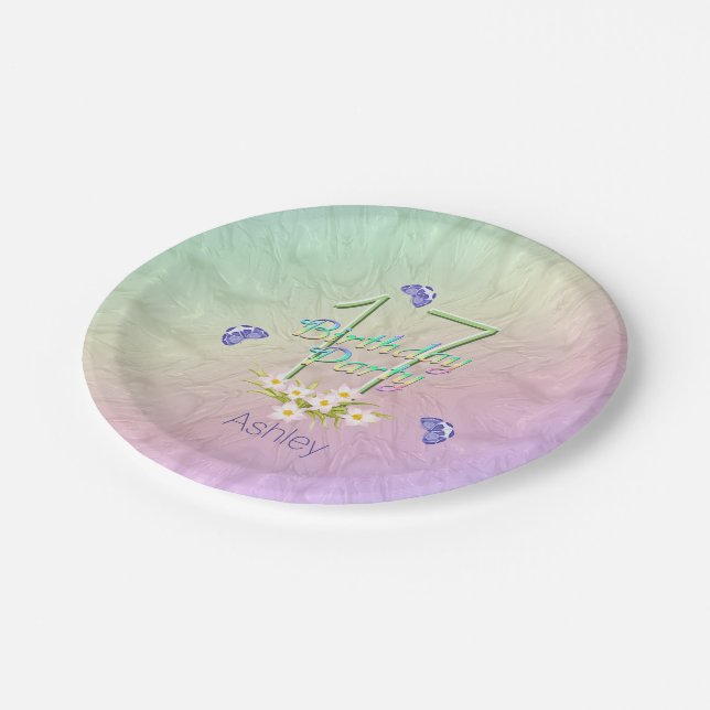 17th Birthday Party Butterflies and Wildflowers Paper Plates (Angled)