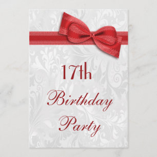 17th Birthday Party Damask and Faux Bow Invitation