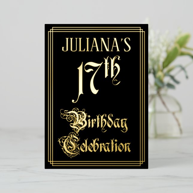 17th Birthday Party — Fancy Script & Custom Name Foil Invitation (Standing Front)