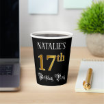[ Thumbnail: 17th Birthday Party — Fancy Script, Faux Gold Look Paper Cups ]