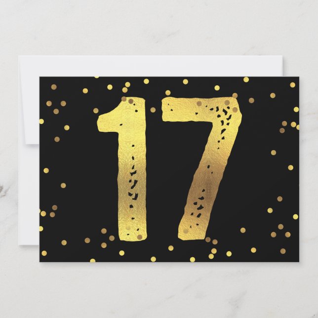 17th Birthday Party Faux Gold Foil Confetti Black Invitation (Front)