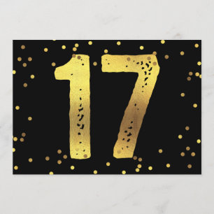 17th Birthday Party Faux Gold Foil Confetti Black Invitation