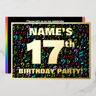 17th Birthday Party — Fun, Colorful Music Symbols Foil Invitation