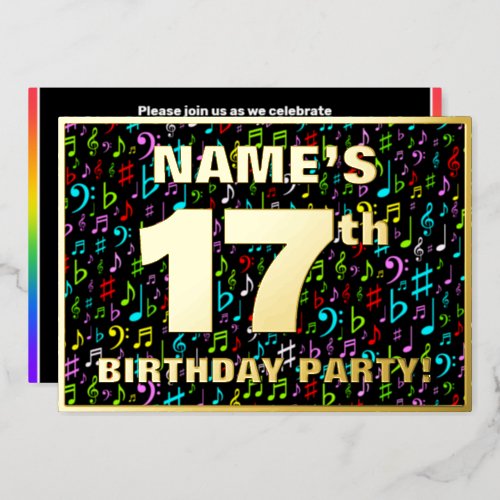 17th Birthday Party  Fun Colorful Music Symbols Foil Invitation