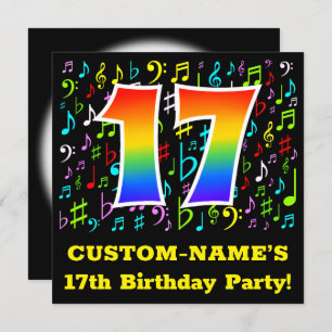 17th Birthday Party: Fun Music Symbols, Rainbow 17 Invitation