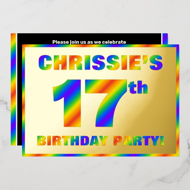 17th Birthday Party — Fun, Rainbow Spectrum “17” Foil Invitation (Front/Back)