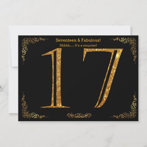 17th Birthday partyGatsby stylblack gold glitter Invitation