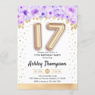 17th Birthday Party - Gold Balloons Purple Invitation