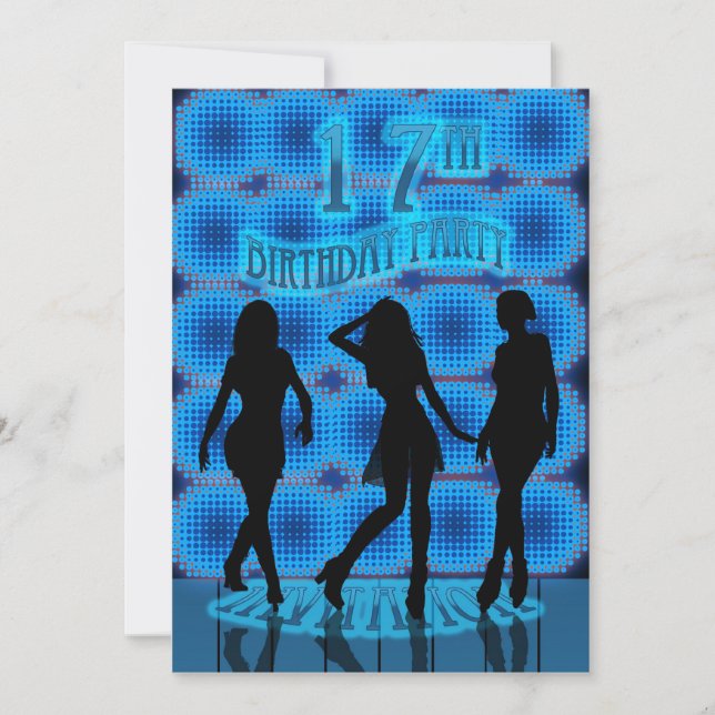17th Birthday Party Invitation, Blue Neon With Dan Invitation (Front)