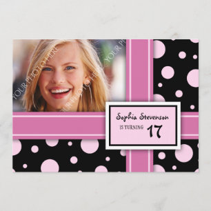 17th Birthday Party Invitation Pink Black Dots