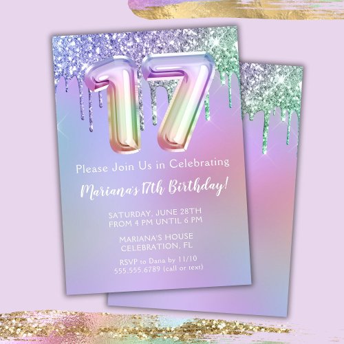 17th Birthday Party Invitation Purple Pink Glitter