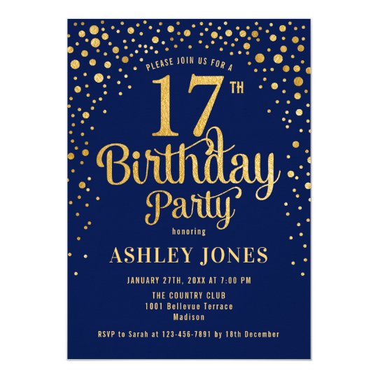 17th Birthday Party - Navy & Gold Invitation | Zazzle.com