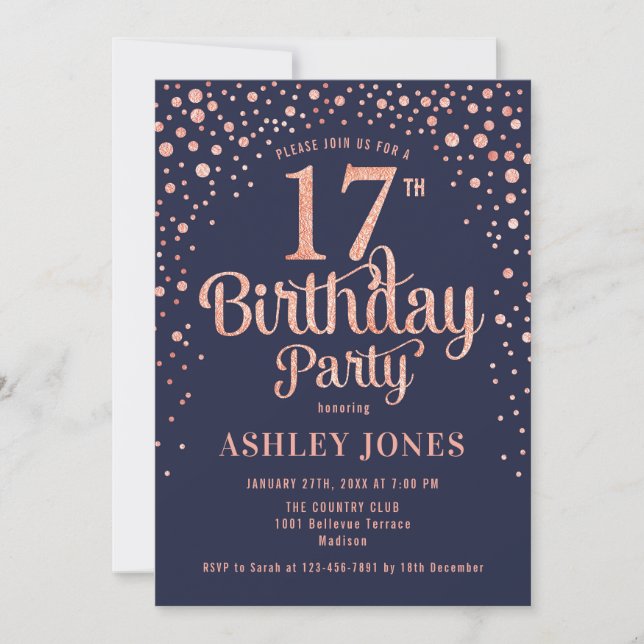 17th Birthday Party - Navy & Rose Gold Invitation (Front)