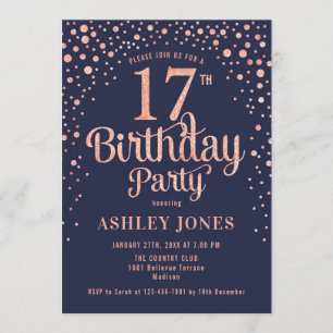 17th Birthday Party - Navy & Rose Gold Invitation