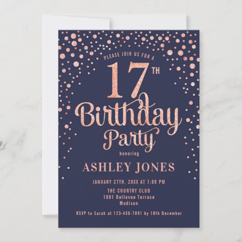 17th Birthday Party _ Navy  Rose Gold Invitation