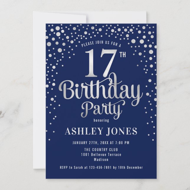 17th Birthday Party - Navy & Silver Invitation (Front)