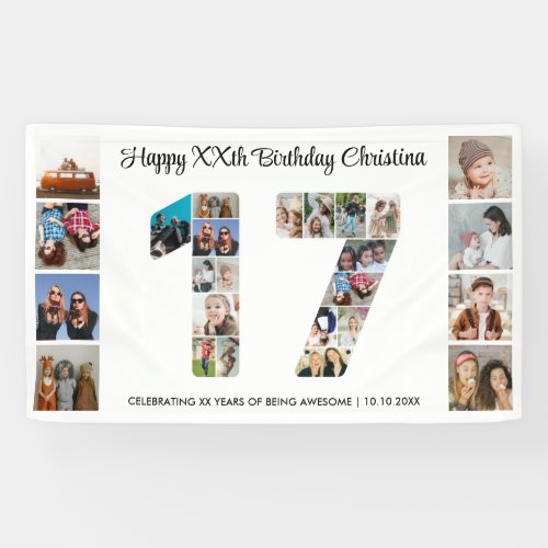 17th Birthday Party Number 17 Photo Collage Banner